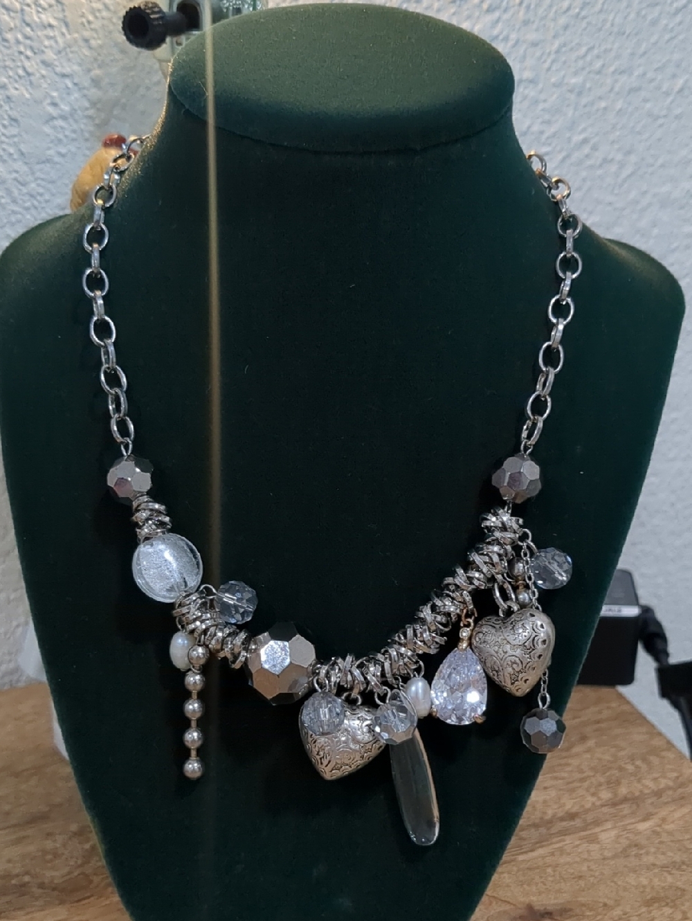 Silver-Tone Heart Charm Statement Necklace - Women Jewelry